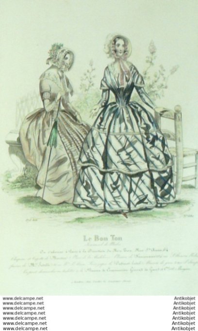 Gravure Mode Le Bon Ton 1843 # 682 (aquarelle old fashion plate)