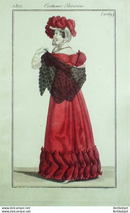 Gravure de mode Costume Parisien 1822 n°2069 Robe de Barèges garnie