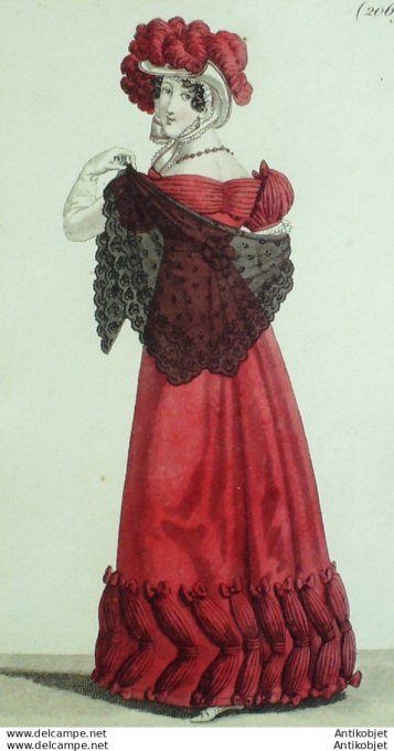 Gravure de mode Costume Parisien 1822 n°2069 Robe de Barèges garnie