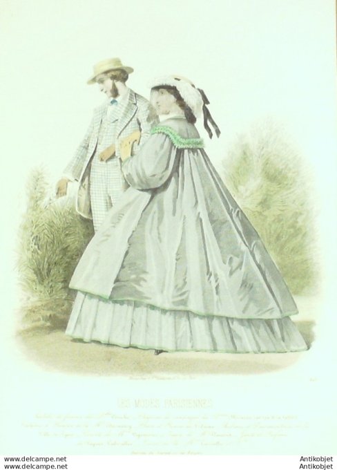 Gravure Les Modes Parisiennes 1861 # 957 Robes en lin Maison Leriche