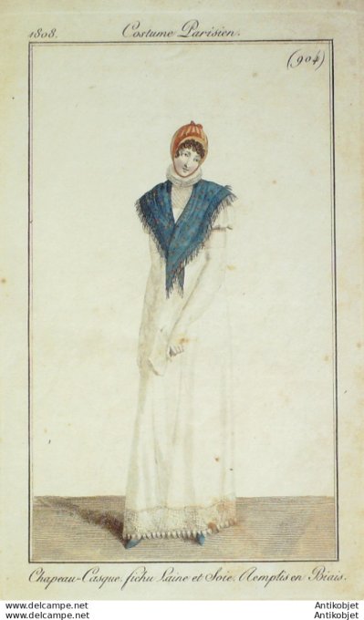 Gravure de mode Costume Parisien 1808 n° 904 Fichu laine & soie