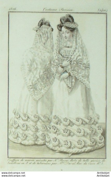 Gravure de mode Costume Parisien 1826 n°2421 Robe de tulle garnie de bouillons