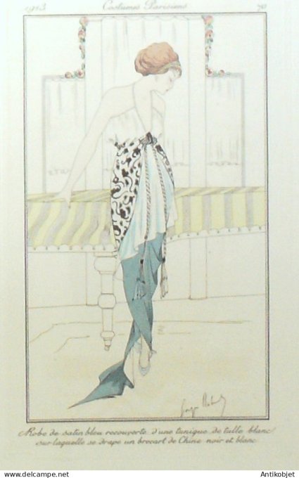 Gravure de mode Costume Parisien 1913 pl.070 ROBERT Georges Robe de satin