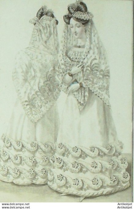 Gravure de mode Costume Parisien 1826 n°2421 Robe de tulle garnie de bouillons