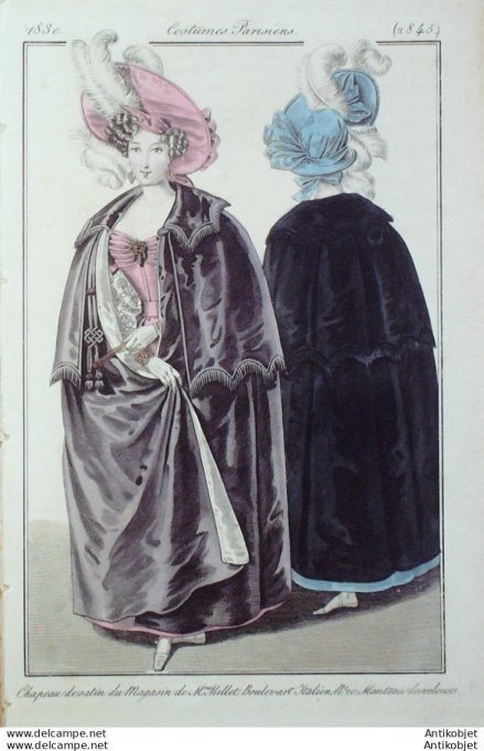 Gravure de mode Costume Parisien 1830 n°2845 Manteau de velours chapeau