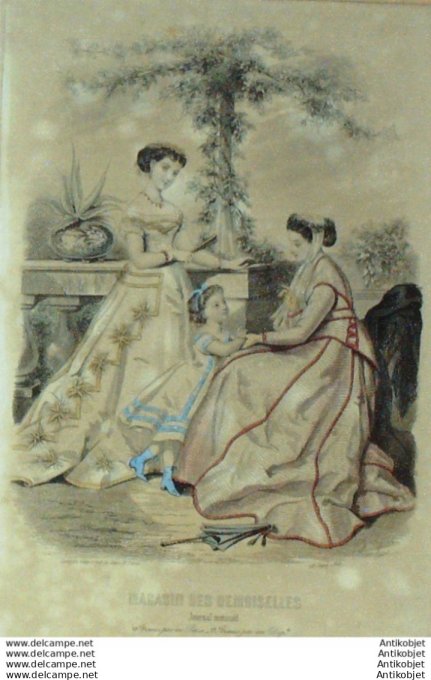 Gravure Mode Magasin Demoiselles 1866 #  4 (aquarellee Old Fashion plate)