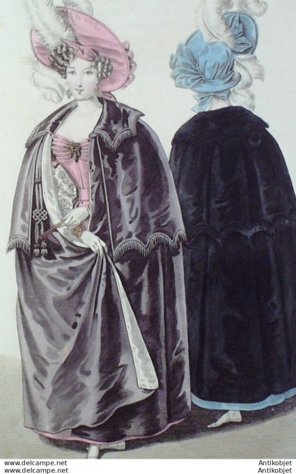 Gravure de mode Costume Parisien 1830 n°2845 Manteau de velours chapeau