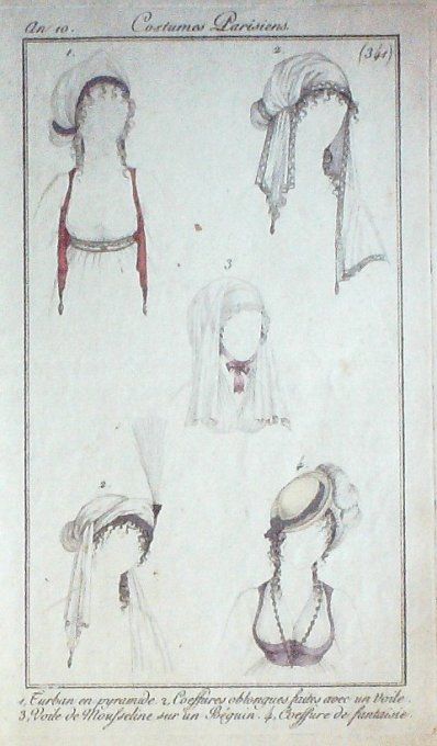 Gravure Mode Costume Parisien 1801 an 10 # 341 (eau forte old Fashion plate