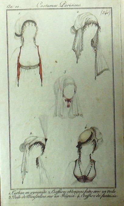 Gravure Mode Costume Parisien 1801 an 10 # 341 (eau forte old Fashion plate