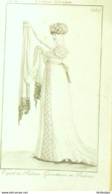Costume Parisien 1806 an 14 # 685 (eau forte) Toquet en rubans