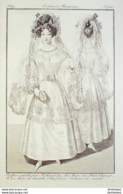 Gravure de mode Costume Parisien 1828 n°2702 Robe de dentelle d'Angleterre