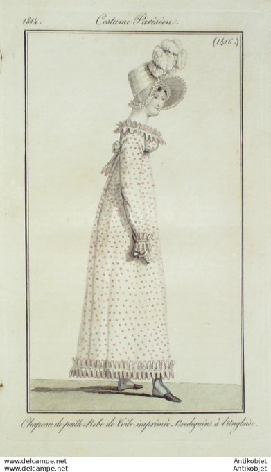Gravure de mode Costume Parisien 1814 n°1416 Robe de toile imprimée