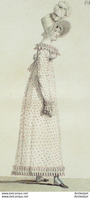 Gravure de mode Costume Parisien 1814 n°1416 Robe de toile imprimée