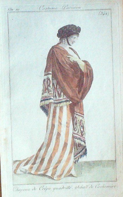 Gravure Mode Costume Parisien 1801 an 10 # 342 (eau forte old Fashion plate