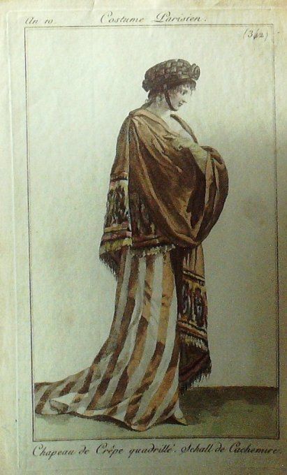 Gravure Mode Costume Parisien 1801 an 10 # 342 (eau forte old Fashion plate