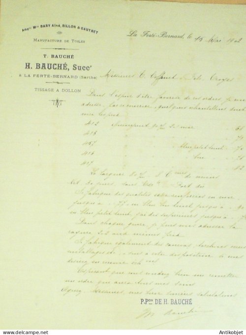 Factures ManuFacture toiles H.Bauché Suce 1902 La Ferté-Bernard (72)