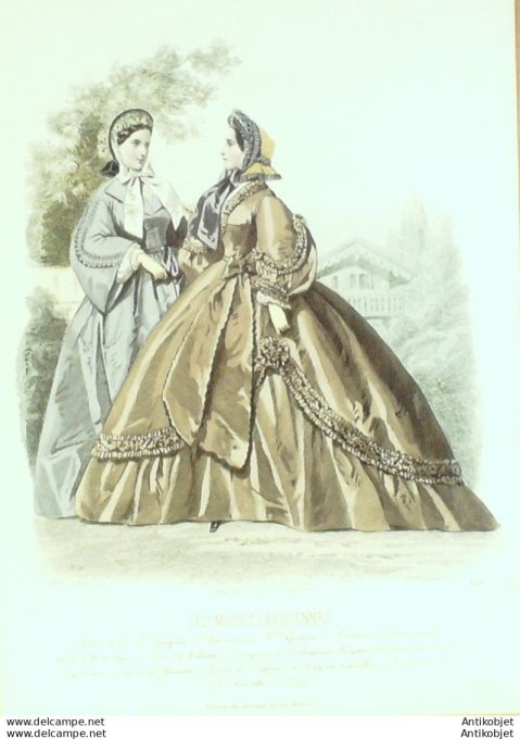 Gravure Les Modes Parisiennes 1861 # 958 Robes velours Maison Gagelin