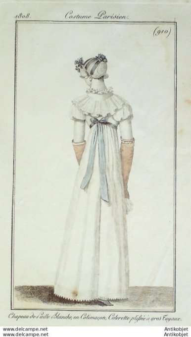 Gravure de mode Costume Parisien 1808 n° 910 Colerette plissée à gros tuyaux