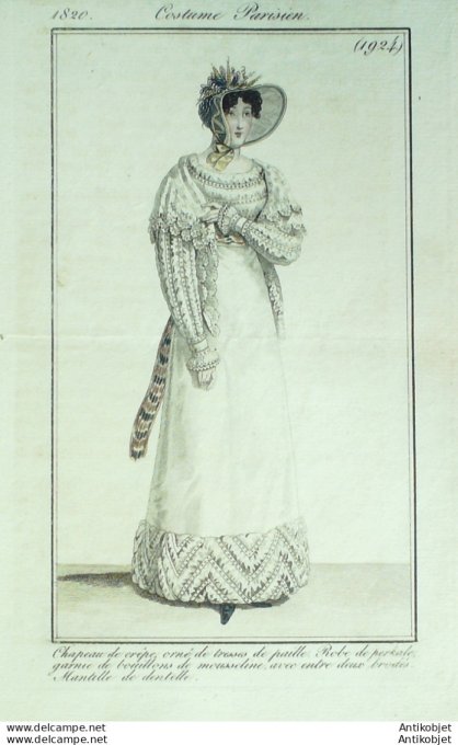 Gravure de mode Costume Parisien 1820 n°1924 Robe perkale garnie de mousseline