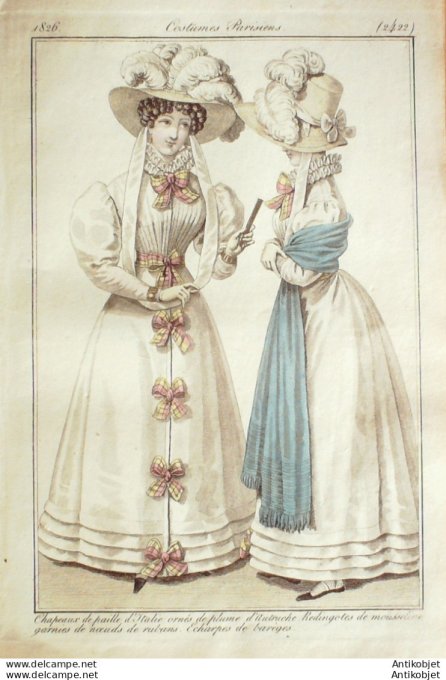 Gravure de mode Costume Parisien 1826 n°2422 Redingotes de mousseline garnies