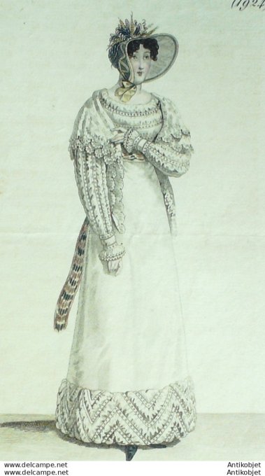 Gravure de mode Costume Parisien 1820 n°1924 Robe perkale garnie de mousseline