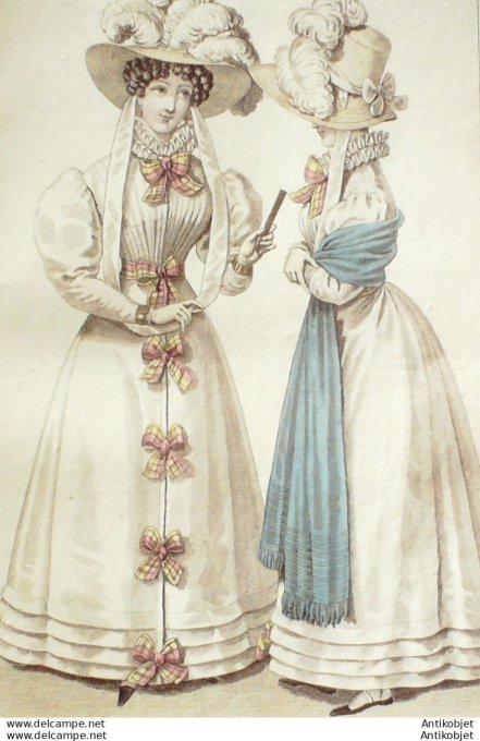 Gravure de mode Costume Parisien 1826 n°2422 Redingotes de mousseline garnies