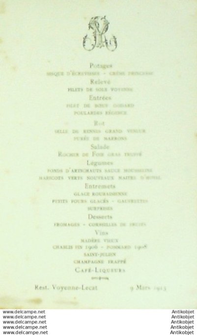 Menu illustre Restaurant Voyenne-Lecat (01) 1913
