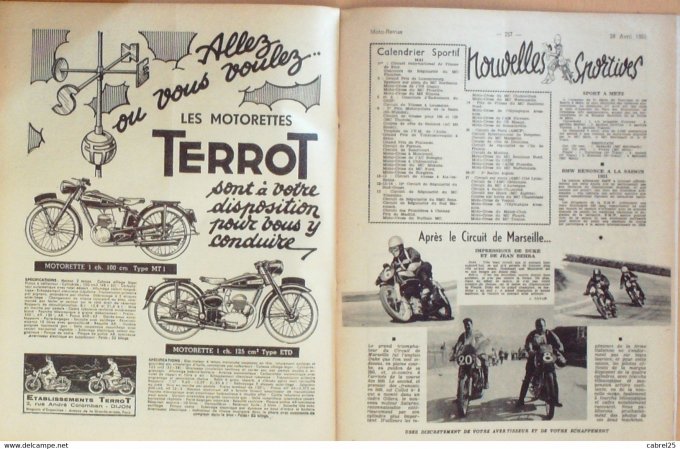 Moto Revue 1951 n° 1030 175 Ds Malterre Record Vespa 125 Nsu Herz Motorettes Terrot