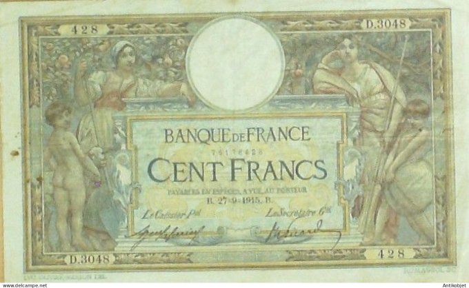 Billet Banque de France 100 francs Luc Olivier Merson B.10=4=1915 TTB