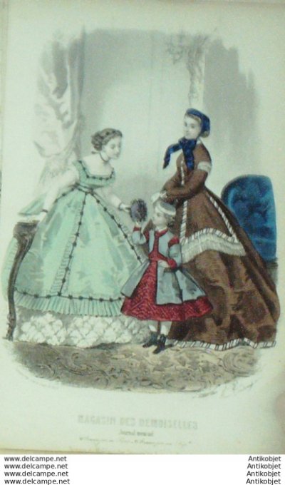 Gravure Mode Magasin Demoiselles 1866 #  1 (aquarellee Old Fashion plate)