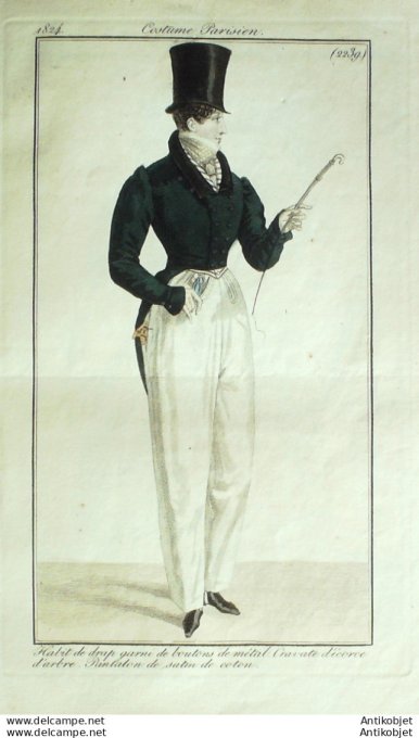 Gravure de mode Costume Parisien 1824 n°2239 Habit de drap homme cravate d'écorce