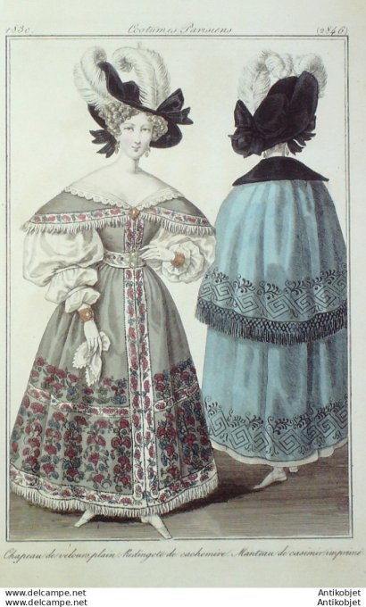 Gravure de mode Costume Parisien 1830 n°2846 Manteau casimir redingote cachemire