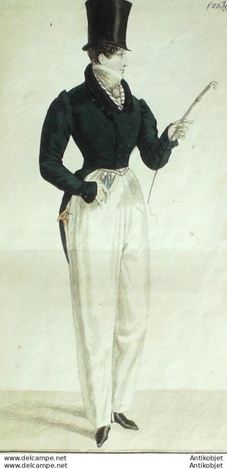 Gravure de mode Costume Parisien 1824 n°2239 Habit de drap homme cravate d'écorce