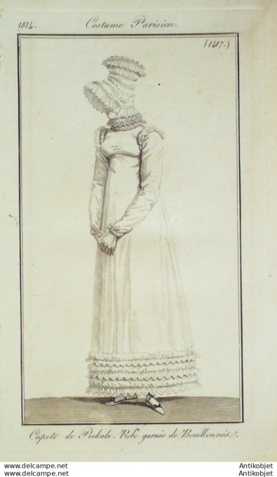 Gravure de mode Costume Parisien 1814 n°1417 Robe garnie de bouillonnée