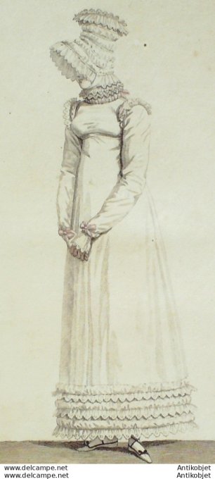 Gravure de mode Costume Parisien 1814 n°1417 Robe garnie de bouillonnée