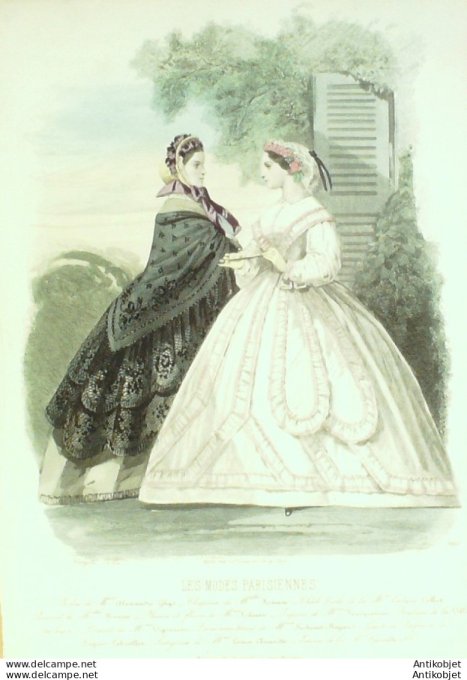 Gravure Les Modes Parisiennes 1861 # 960 Robes de satin Maison Ghys