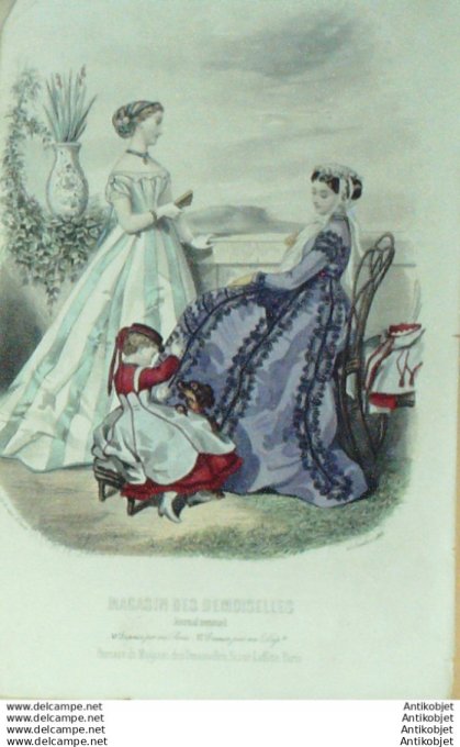 Gravure Mode Magasin Demoiselles 1866 # 10 (aquarellee Old Fashion plate)