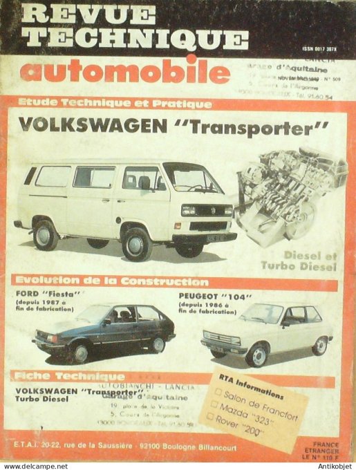 Revue Tech. Automobile 1989 n°509 Volkswagen Transporter Ford Fiesta Peugeot 104