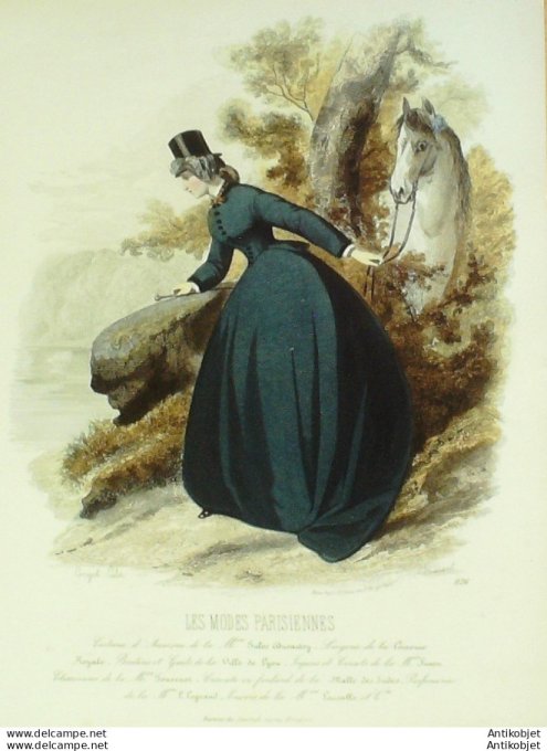 Gravure Les Modes Parisiennes 1863 #1126 Cavalière Amazone Maison Dussautoy