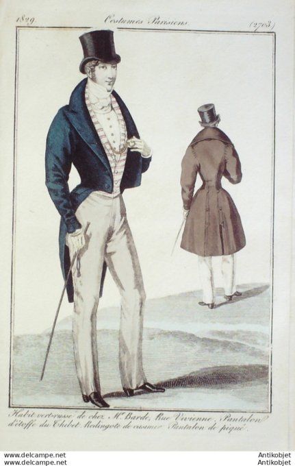 Gravure de mode Costume Parisien 1828 n°2703 Redingote Casimir homme