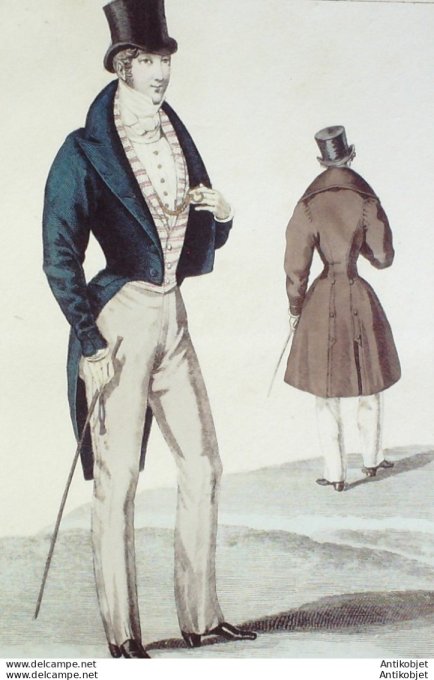 Gravure de mode Costume Parisien 1828 n°2703 Redingote Casimir homme