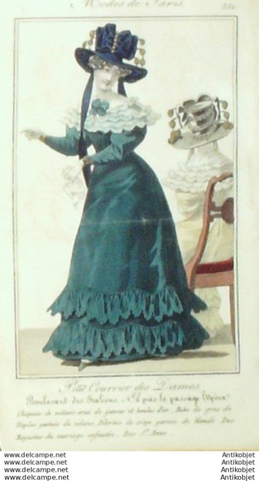 Gravure Mode Courrier des Dames 1825 #  351 Robe gros de Naples garnie