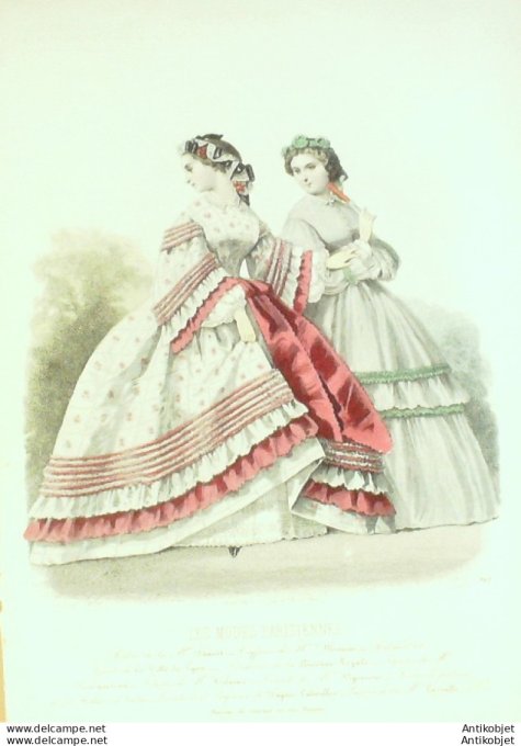 Gravure Les Modes Parisiennes 1861 # 961 Robes de loisirs Maison Fauvet