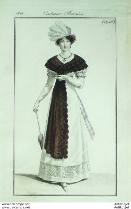 Gravure de mode Costume Parisien 1820 n°1926 Robe de satin mantille
