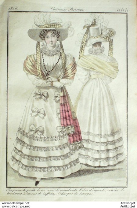 Gravure de mode Costume Parisien 1826 n°2424 Robes d'organdi ornées