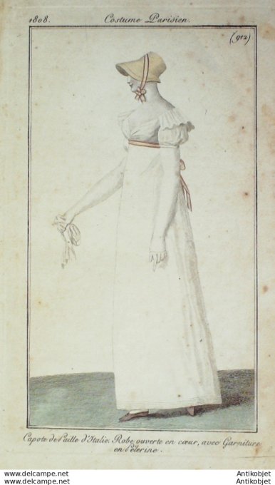 Gravure de mode Costume Parisien 1808 n° 912 Robe & garniture en pélerine