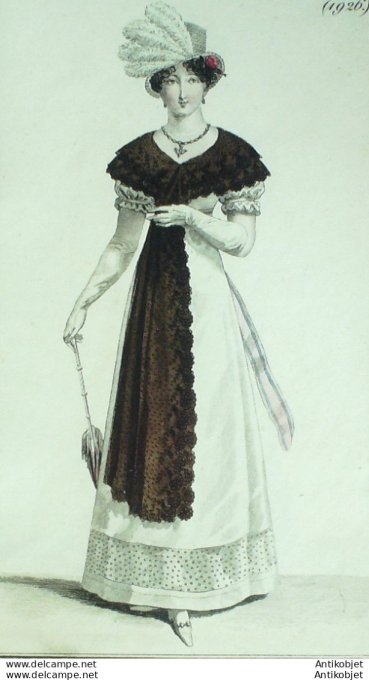 Gravure de mode Costume Parisien 1820 n°1926 Robe de satin mantille