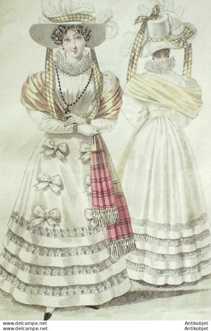 Gravure de mode Costume Parisien 1826 n°2424 Robes d'organdi ornées