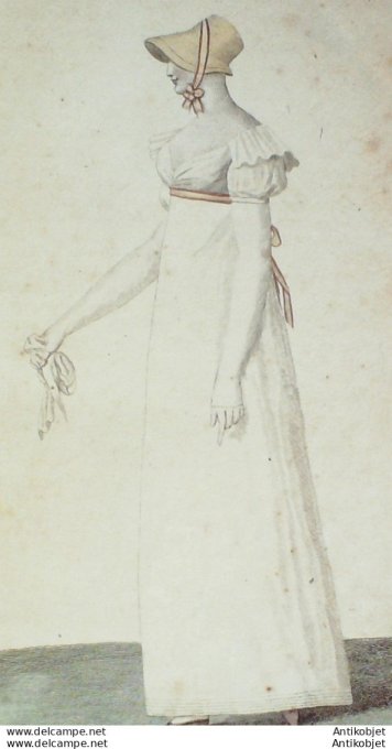 Gravure de mode Costume Parisien 1808 n° 912 Robe & garniture en pélerine