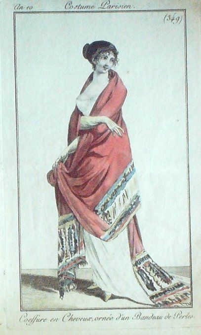 Gravure Mode Costume Parisien 1801 an 10 # 349 (eau forte old Fashion plate